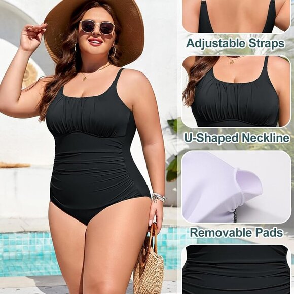 Plus Size Bathing Suit for Women Tummy Control Swimsuit One Piece Vintage Black - Picture 2 of 8